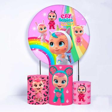 Imagem de Kit Painel de Festa Redondo de 1,80m e Trio de Cilindros Cry Babies - Fera Print