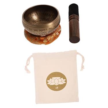 Imagem de Conjunto de meditação tibetano feito à mão - Tigela de sino de cobre com golpe de madeira para relaxamento de ioga e harmonia espiritual