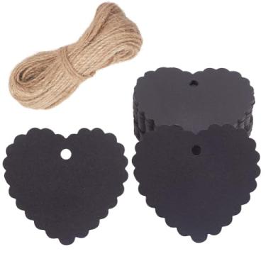 Imagem de CRASPIRE 100 peças de etiquetas de presente de coração de papel preto cartões em branco borda ondulada com fio de juta de 20 m (20 m) quadro negro dupla face quadro de mensagens sinais pendurados para