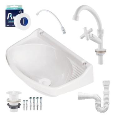 Imagem de Pia Lavatorio Plastico Branco Parafusar na Parede Kit Completo - Metas