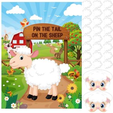 Imagem de Faccito Jogos de animais de fazenda Pin The Tail on The Animals Barnyard Decorações de festa de aniversário Jogos de pôsteres de fazenda com 24 adesivos 2 máscaras de olhos para atividades familiares