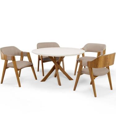Imagem de Mesa De Jantar Redonda Cora 120cm Off White M04 Com 04 Cadeiras Living Suran Linho Bege Escuro - Lyam