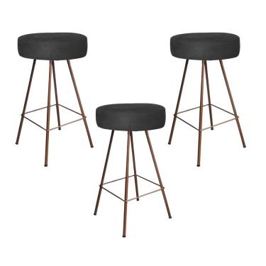 Imagem de Kit 03 Banqueta Alta Laisa Industrial Redonda Ferro Bronze Preto - Amey Decor