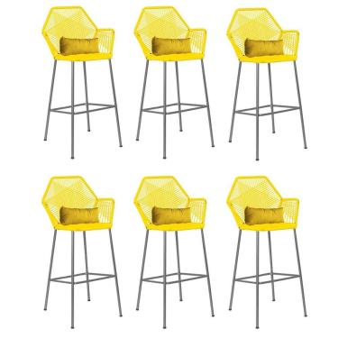 Imagem de Kit 06 Banqueta Alta Com Encosto Sttar Ferro Prata Fibra Amarelo Almofada Suede Amarelo