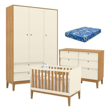 Imagem de Quarto De Bebe Unique 3 Portas Com Cômoda 6 Gavetas Off White Freijó Eco Wood E Colchão Ortobom - Matic