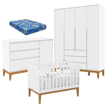 Imagem de Quarto De Bebê Nature Clean 4 Portas Com Berço Unique Branco Soft Eco Wood E Colchão Ortobom