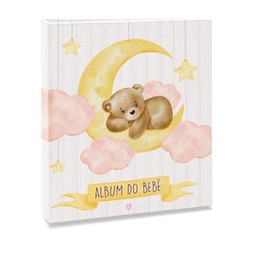 Imagem de Álbum de fotos Ical, encadernação fichário, para 60 fotos 15x21cm - envelope plástico branco - linha Bebê - modelo rosa - urso lua - 70