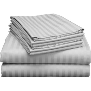 Imagem de Conjunto de lençóis de cama Queen Size com 6 peças, bolso extraprofundo, 600 fios, lençóis de algodão egípcio, tamanho Queen, 6 peças, conjunto de lençol listrado, listrado cinza claro, listrado para colchão de até 53 cm, bolso profundo