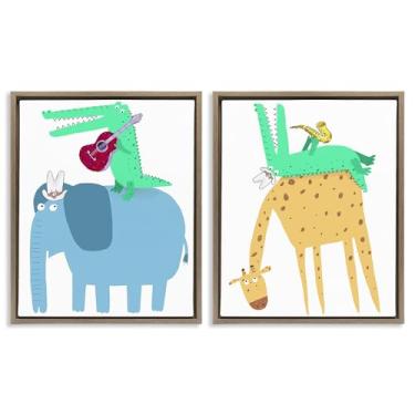 Imagem de Stupell Industries Elefante e jacaré com guitarra acústica 2 peças marrom emoldurado conjunto de tela flutuante design por Carla Daly, 17 x 21