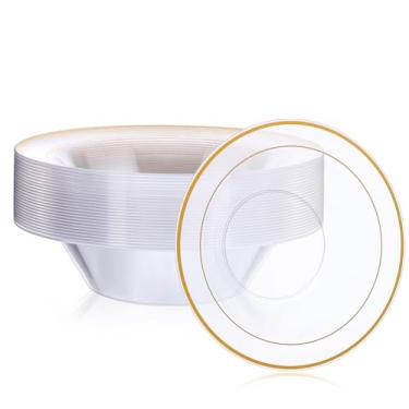 Imagem de MAQUITA 50 tigelas de plástico transparente para festa de 340 g tigelas de sobremesa de plástico com borda dourada descartáveis louça de mesa elegantes para catering, feriados, suprimentos para festas