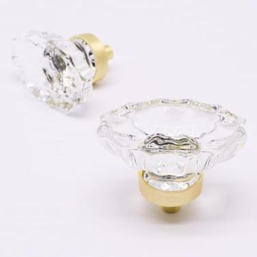 Imagem de YuGtcen Puxadores de armário 6 peças, puxadores de cristal para cômoda dourada puxador de gaveta puxador de gaveta de móveis, puxadores de gaveta de vidro de 4,5 cm de diâmetro para cozinha e banheiro