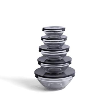 Imagem de Mozcada - Kit 5 Potes Bowls de Vidro com Tampa de Plástico Empilháveis Redondos