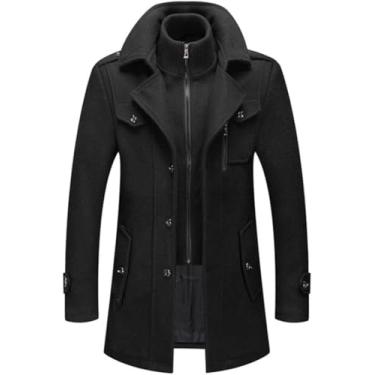 Imagem de Casaco De Lã De Inverno Masculino Gola Dupla Jaqueta Grossa Casaco De Trincheira De Peito único Masculino Moda Mistura De Lã Sobretudos, Black, 3XL