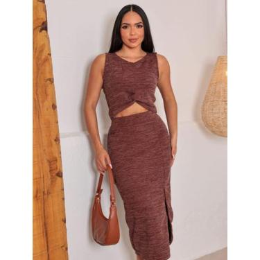 Imagem de Conjunto cropped + saia canelado - Lunny's, Marrom