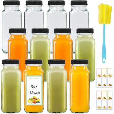 Imagem de Dayify Pacote com 12 garrafas de suco de 227 g com tampas, garrafas de suco de vidro reutilizáveis de 250 ml, potes quadrados para beber recipientes com tampas para água, leite, gengibre, kombucha