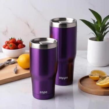 Imagem de Copo Térmico Parede Dupla em Aço Inox Roxa 350ml com Tampa Flip - Estilo Minimalista