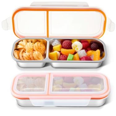 Imagem de Blushtier 2 recipientes de lanche de aço inoxidável com 2 compartimentos, caixa reutilizável de condimentos com tampas, copos de molho de compartimento duplo, recipientes de armazenamento de alimentos