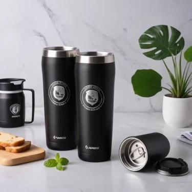 Imagem de Copo Térmico Parede Dupla em Aço Inox Preta 500ml com Tampa Flip - Estilo Com Logo