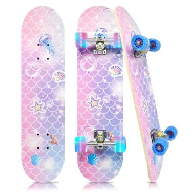 Imagem de Kqpoinw Skates padrão com rodas coloridas piscando para iniciantes, crianças, adolescentes, skate completo de bordo de 7 camadas para meninas e meninos, 78,7 cm x 19,8 cm, skate infantil côncavo com