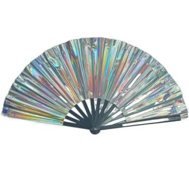 Imagem de zaoalife Grande ventilador dobrável de rave, leque de Kung Fu prateado de 33 cm para festivais, apresentações de palco, dança ou decoração | Design portátil de PVC