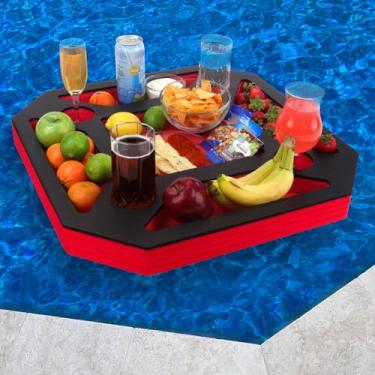 Imagem de Baleia polar grande flutuante spa banheira de hidromassagem bar bebida e comida mesa vermelha e preta bandeja para refrescar a festa na praia ou na piscina, boia de espuma durável, 60 cm, 9 compartimentos, resistente a UV