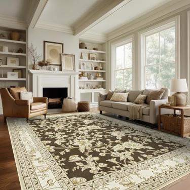 Imagem de Tapetes de área com estampa floral marrom para quarto, sala de estar, boho, casa de fazenda, rústico, sala de jantar, tapetes macios laváveis e antiderrapantes para berçário, sala de jogos, 20 x 25 cm