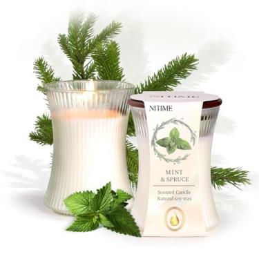 Imagem de NITIME 2 velas perfumadas de abeto e menta, vela de ampulheta listrada vertical média de 200 ml, vela de soja natural não tóxica, velas decorativas de pavio de madeira para decoração de casa