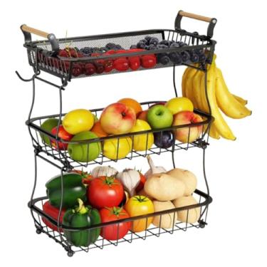 Imagem de Cesta De Frutas Em Camadas - Cesta de Frutas Para Cozinha Suporte de Armazenamento de 3 Níveis - Taça De Arame Metálico Com Ganchos Para Bananas Para Organização E Armazenamento De Despensa De Comida
