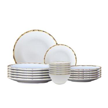 Imagem de Jogo 6 Pratos Raso 6 Sobremesa 6 Bowls Borda Bambu Cerâmica 1ª Linha S