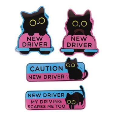 Imagem de 4pcs Ímãs Carro Gato Preto New Driver, Gato Tremendo Desenho Animado Placas Segurança Condutores Estudantes Adesivos Magnéticos Para-Choque Decorações Carro para Motoristas Novatos Presentes