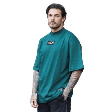 Imagem de Camiseta Oversized Gola Alta Borracha Colorida Streetwear Confortavel Masculina Verde Escuro-Masculino