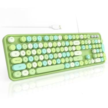 Imagem de SQMD Teclados de computador coloridos com fio, teclado de máquina de escrever de tamanho completo Plug and Play, teclado estético fofo com suportes dobráveis para Windows PC e laptop (verde)