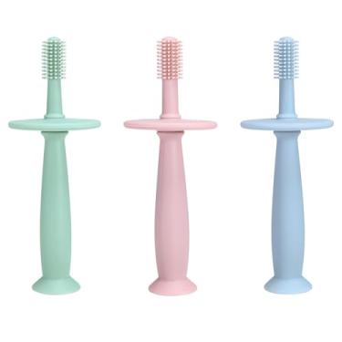 Imagem de PandaEar Pacote Com 3 Mordedores De Silicone Para Escova Dentes Bebê - Brinquedos Dentição, Treinamento Higiene Bucal Bebês 0 A 12 Meses Ou Mais