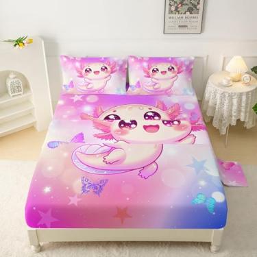 Imagem de QOOMO Axolotl Jogo de lençol infantil solteiro, salamandra, 40,6 cm, bolso profundo, decoração de quarto com estampa de galáxia, macio e respirável para meninos/meninas/crianças/adolescentes