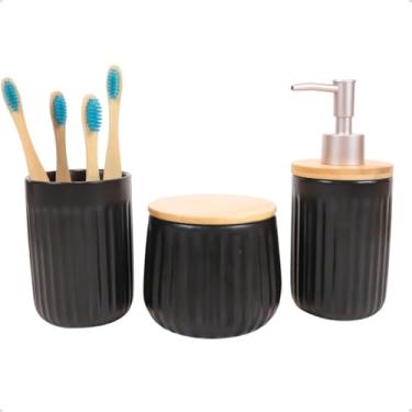 Imagem de Conjunto 3 Peças para Banheiro Porta Sabonete Líquido, Porta Escovas e Porta Algodão Cotonete de Cerâmica Canelado Preto