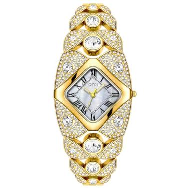 Imagem de CARLIEN Relógio feminino de luxo com strass rômbico quadrado pérola mostrador quartzo algarismos romanos elegante vestido feminino analógico pulseira relógio de pulso, Dourado, branco, Moda, luxuosa