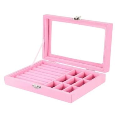 Imagem de Porta Joias Organizador Caixa Simples Tampa Vidro Camurça Delicado Veludo Divisórias - Anéis Brincos Pulseiras(Rosa Claro)