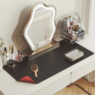 Imagem de DAWNTREES Tapete de maquiagem para penteadeira, 60 x 30 cm, tapete de couro de dupla face, fácil de limpar, à prova d'água e à prova de óleo, tapete de mesa para proteger a vaidade (preto - vermelho)