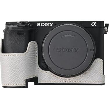 Imagem de Capa A6400, capa BMAOLLONGB feita à mão de couro PU meia câmera versão abertura inferior para Sony Alpha A6400 com alça de mão (branca)