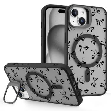Imagem de OFQKOAKS Capa magnética para iPhone 15 com suporte para câmera, capa de celular com fita preta de laço preto compatível com MagSafe, capa protetora rígida de TPU para mulheres e meninas