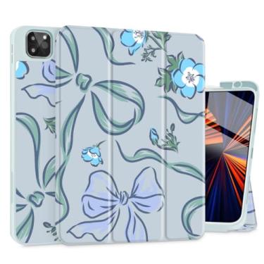 Imagem de Mektron Capa para M4 iPad Pro 11 polegadas 2024 com suporte para lápis, modelos compatíveis: A2836/A2837/A3006, capa para tablet com capa traseira de TPU macio, flores-laços-azul