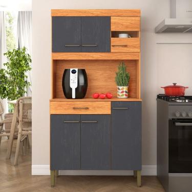 Imagem de Kit Cozinha Carla 90cm 6 Portas 1 Gaveta Cinamomo/Grafite