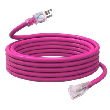 Imagem de EP Cabo de extensão externo de 6 m, cabo de alimentação impermeável SJTW 12/3, plugue aterrado de 3 pinos, extremidade iluminada, para gramado, jardim, eletrodomésticos, rosa