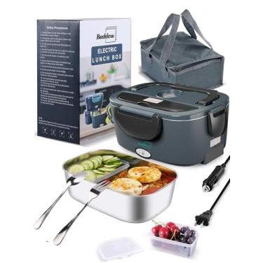 Imagem de Buddew Lancheira elétrica aquecida para adultos – aquecimento rápido de 80 W, aço inoxidável de grau alimentício 1,5 L, aquecedor de alimentos portátil de 12 V/24 V/110 V, para trabalho, viagem, carro