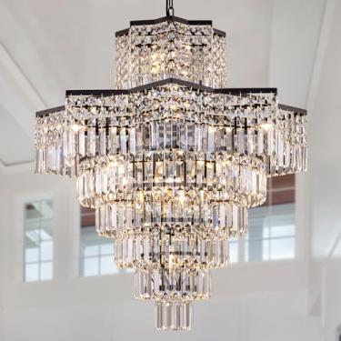 Imagem de TOCHIC Lustre de cristal preto de 15 luzes, lustres grandes com estrela octogonal de 7 andares para tetos altos, lustre suspenso para sala de estar, escada, 80 cm