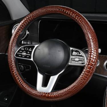 Imagem de Capa de volante de carro de couro brilhante com textura de crocodilo de luxo, nova capa universal de volante de veículo de 38 cm para carros, caminhões, SUVs, acessórios interiores de picapes (marrom)