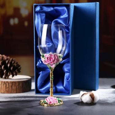 Imagem de Simcat Taças de vinho esmaltadas pintadas à mão em vidro transparente refinado, haste para cabernet, presentes (caixa de presente única rosa, flor grande)