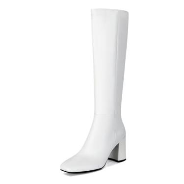 Imagem de SOVANYOU Botas femininas de couro sintético cano alto na moda bico quadrado salto grosso botas de cano alto com zíper lateral, Branco, 6.5