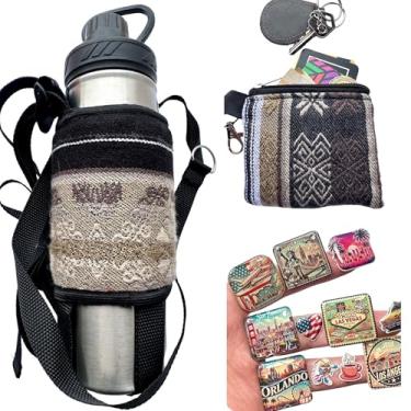 Imagem de Porta-garrafas de água de tecido T1-GR – Inclui bolsa de moedas + pacotes de adesivos 3D e à prova d'água, alça ajustável – Kit para viagens, academia, praia, caminhadas, ciclismo e aventuras diárias