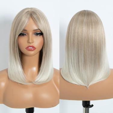 Imagem de Rebecca Q Peruca loira curta com franja de cortina, peruca reta para comprimento do ombro peruca sintética natural peruca loira curta para uso diário cosplay 40,6 cm